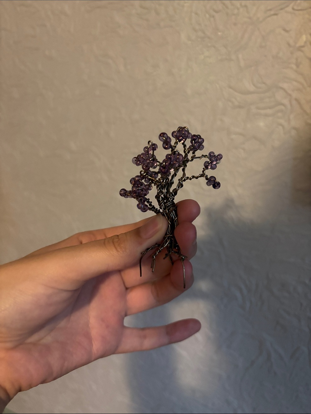 Handmade Wire Tree Sculpture with Purple Bead Blossoms